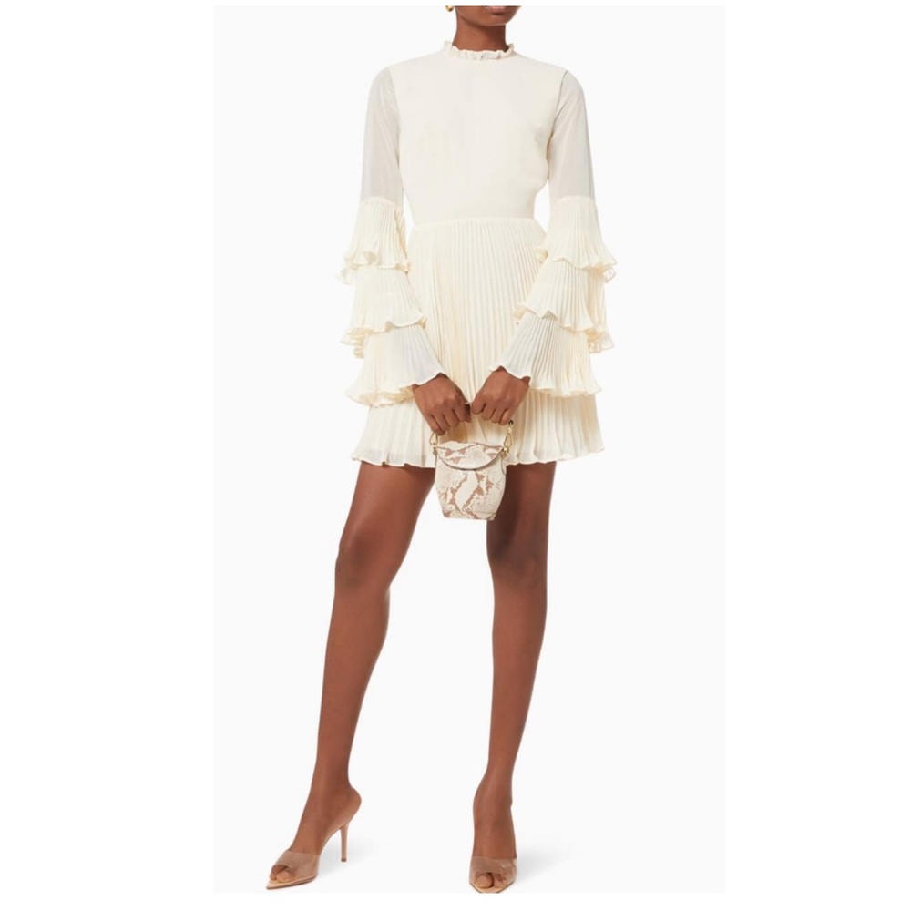 Fame and Partners Ivory Ruffle Trim & Pleated Romantic Mini Dress